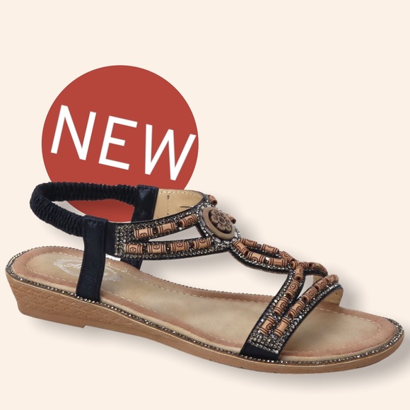 1 Left! Italina BOHO Beaded Open Toe Slingback Low Wedge Padded Slide In Sandal - Picture 5 of 5